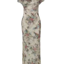 Floral Tulle Off-the-Shoulder Ruffled Slim Maxi Dress