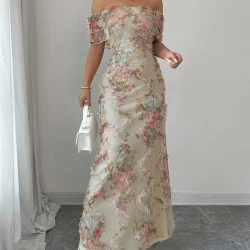 Alternative view of Floral Tulle Off-the-Shoulder Ruffled Slim Maxi Dress